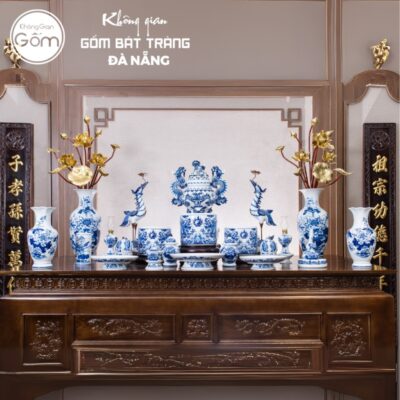 Bộ đồ thờ men lam có đỉnh hạc họa tiết song long liên hoa tại Đà Nẵng BT-BĐT17