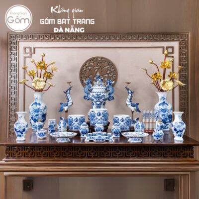 Bộ đồ thờ men lam có đỉnh hạc họa tiết song long liên hoa tại Đà Nẵng BT-BĐT22