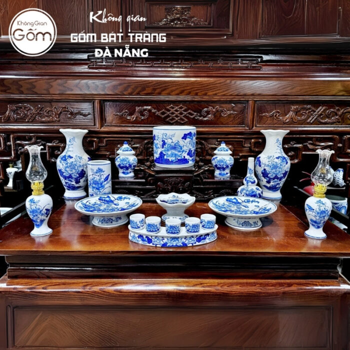 Bộ đồ thờ men lam hoạ tiết liên hoa tại Đà Nẵng BT-BĐT83