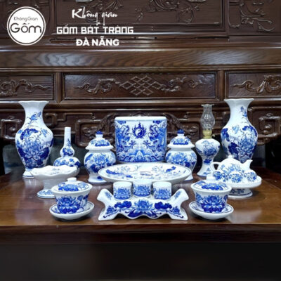 Bộ đồ thờ men lam họa tiết song long liên hoa tại Đà Nẵng BT-BĐT107