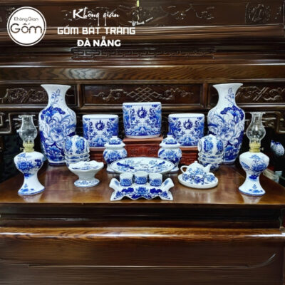 Bộ đồ thờ men lam họa tiết song long liên hoa tại Đà Nẵng BT-BĐT119