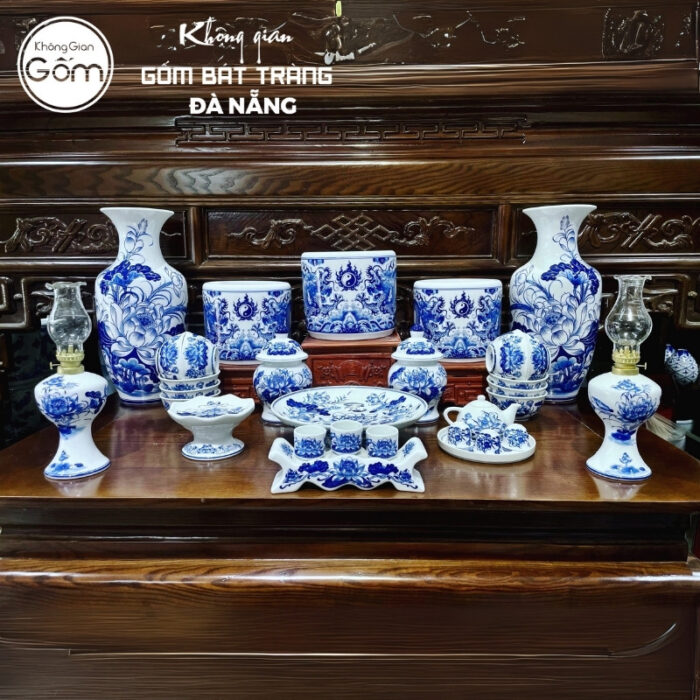 Bộ đồ thờ men lam họa tiết song long liên hoa tại Đà Nẵng BT-BĐT119