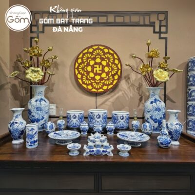 Bộ đồ thờ men lam họa tiết song long liên hoa tại Đà Nẵng BT-BĐT12