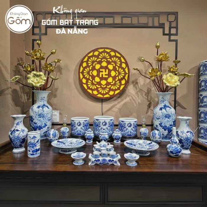 Bộ đồ thờ men lam họa tiết song long liên hoa tại Đà Nẵng BT-BĐT12
