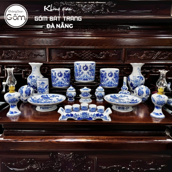 Bộ đồ thờ men lam họa tiết song long liên hoa tại Đà Nẵng BT-BĐT122