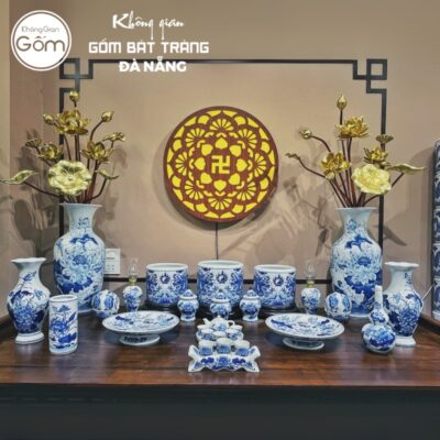 Bộ đồ thờ men lam họa tiết song long liên hoa tại Đà Nẵng BT-BĐT13