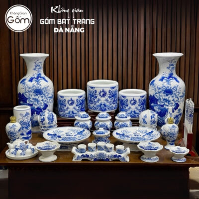 Bộ đồ thờ men lam họa tiết song long liên hoa tại Đà Nẵng BT-BĐT134