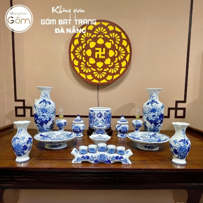 Bộ đồ thờ men lam họa tiết song long liên hoa tại Đà Nẵng BT-BĐT135