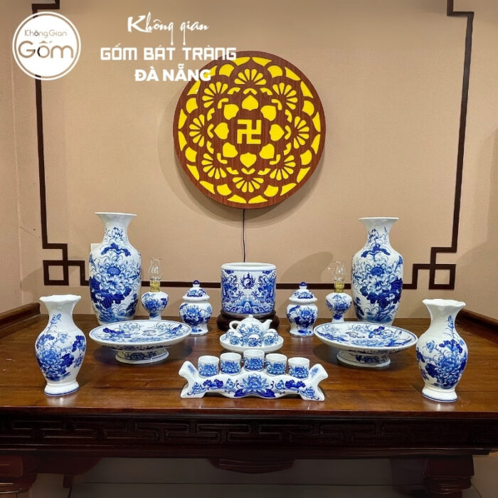 Bộ đồ thờ men lam họa tiết song long liên hoa tại Đà Nẵng BT-BĐT137
