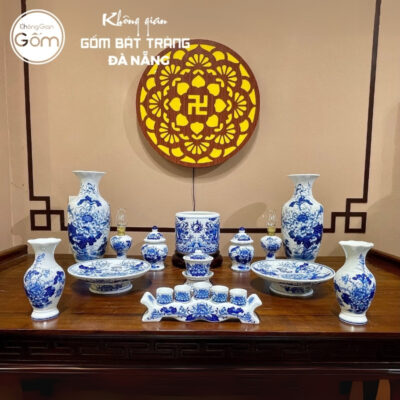 Bộ đồ thờ men lam họa tiết song long liên hoa tại Đà Nẵng BT-BĐT138