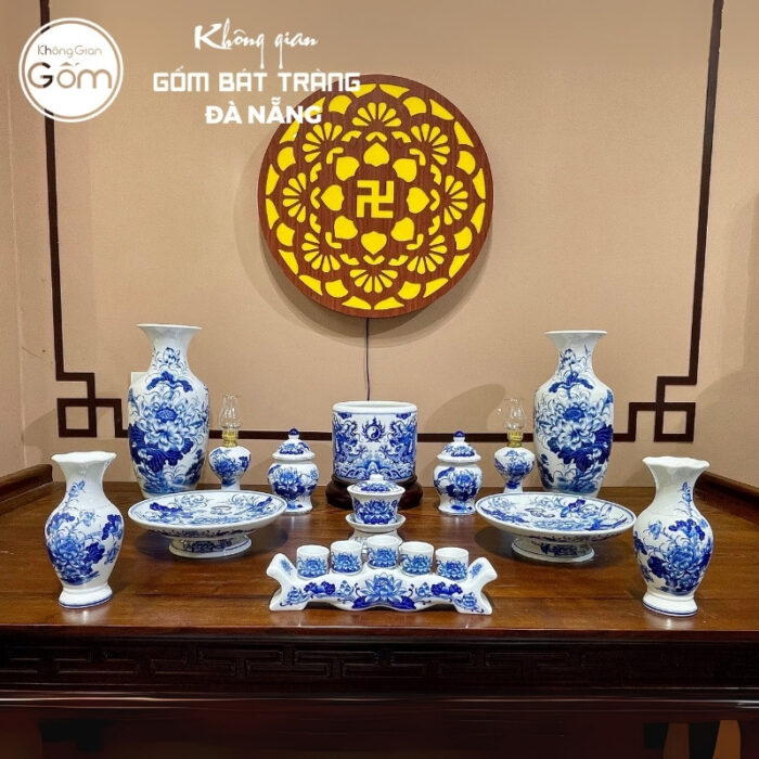 Bộ đồ thờ men lam họa tiết song long liên hoa tại Đà Nẵng BT-BĐT138