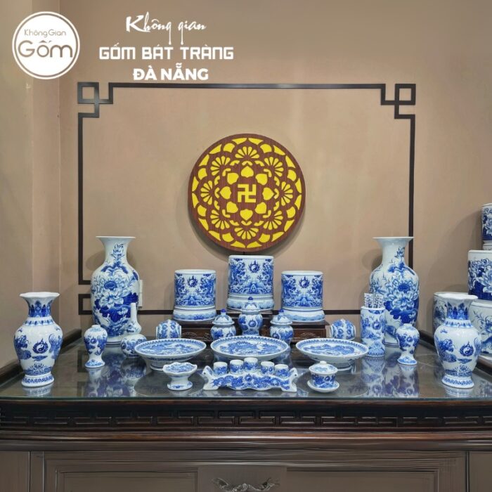 Bộ đồ thờ men lam họa tiết song long liên hoa tại Đà Nẵng BT-BĐT14