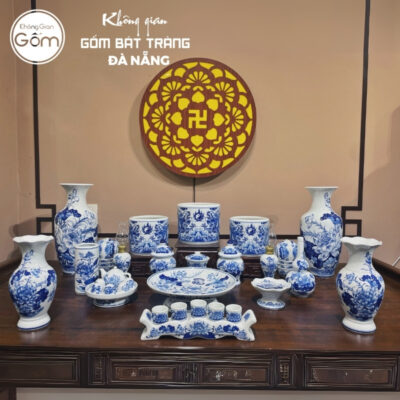 Bộ đồ thờ men lam họa tiết song long liên hoa tại Đà Nẵng BT-BĐT146
