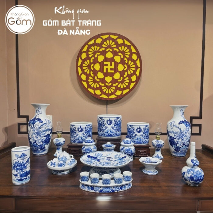 Bộ đồ thờ men lam họa tiết song long liên hoa tại Đà Nẵng BT-BĐT147