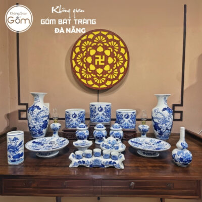 Bộ đồ thờ men lam họa tiết song long liên hoa tại Đà Nẵng BT-BĐT149