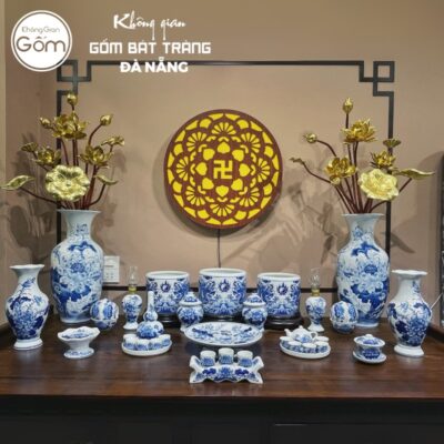 Bộ đồ thờ men lam họa tiết song long liên hoa tại Đà Nẵng BT-BĐT15
