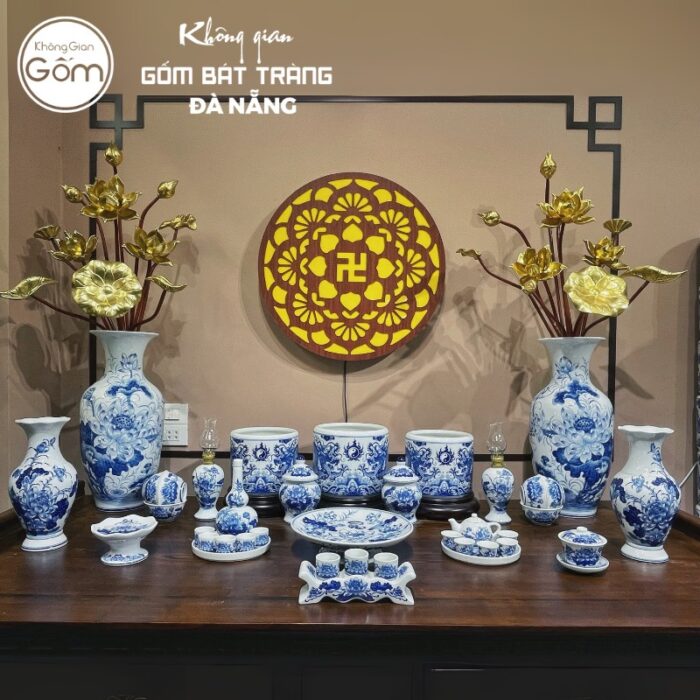 Bộ đồ thờ men lam họa tiết song long liên hoa tại Đà Nẵng BT-BĐT15