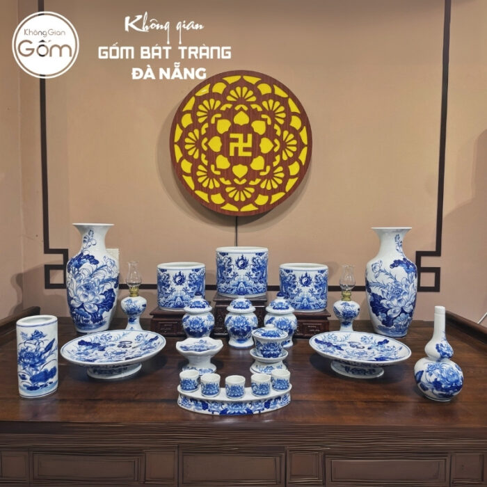 Bộ đồ thờ men lam họa tiết song long liên hoa tại Đà Nẵng BT-BĐT150