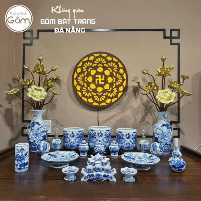 Bộ đồ thờ men lam họa tiết song long liên hoa tại Đà Nẵng BT-BĐT151