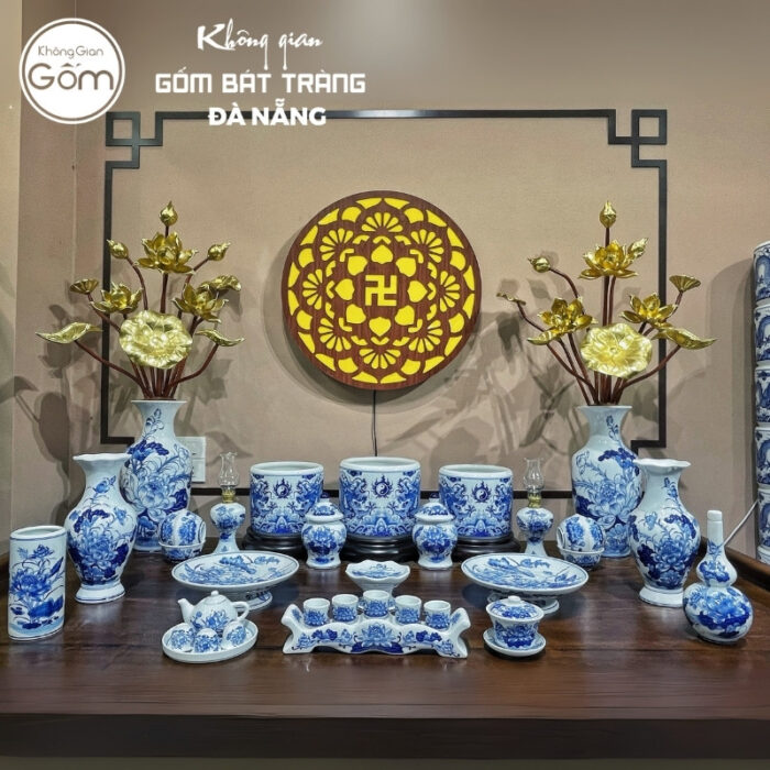Bộ đồ thờ men lam họa tiết song long liên hoa tại Đà Nẵng BT-BĐT156