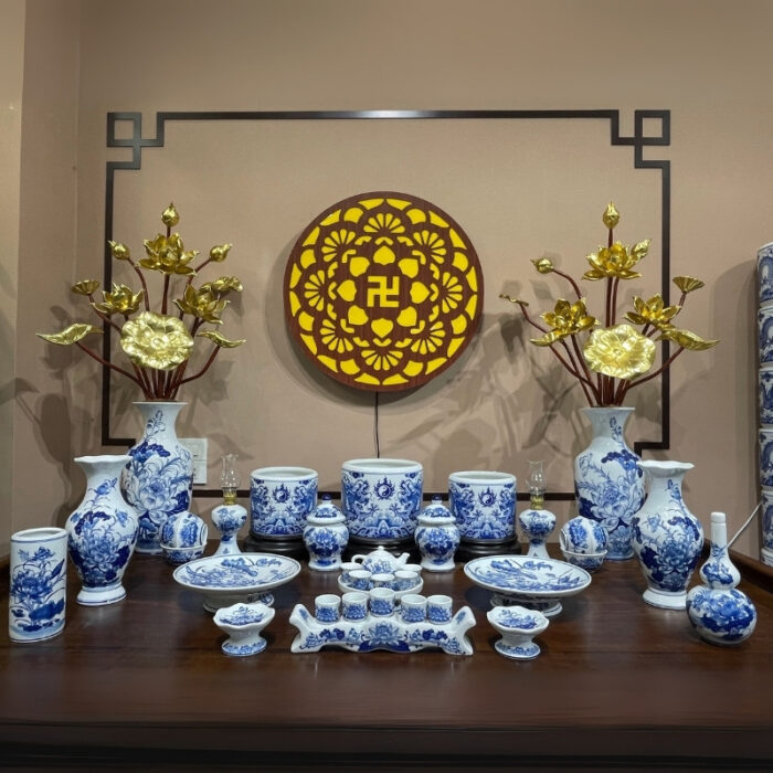 Bộ đồ thờ men lam họa tiết song long liên hoa tại Đà Nẵng BT-BĐT157