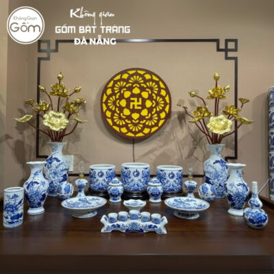 Bộ đồ thờ men lam họa tiết song long liên hoa tại Đà Nẵng BT-BĐT158