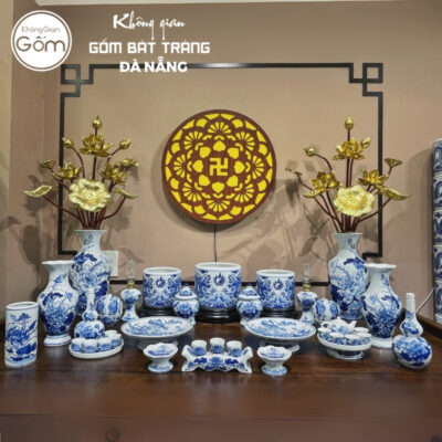 Bộ đồ thờ men lam họa tiết song long liên hoa tại Đà Nẵng BT-BĐT160