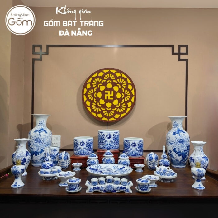 Bộ đồ thờ men lam họa tiết song long liên hoa tại Đà Nẵng BT-BĐT162