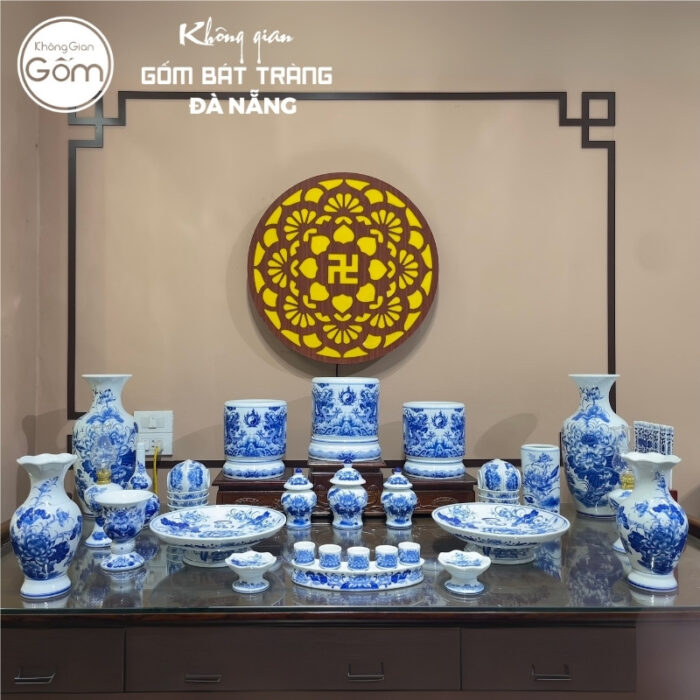 Bộ đồ thờ men lam họa tiết song long liên hoa tại Đà Nẵng BT-BĐT166