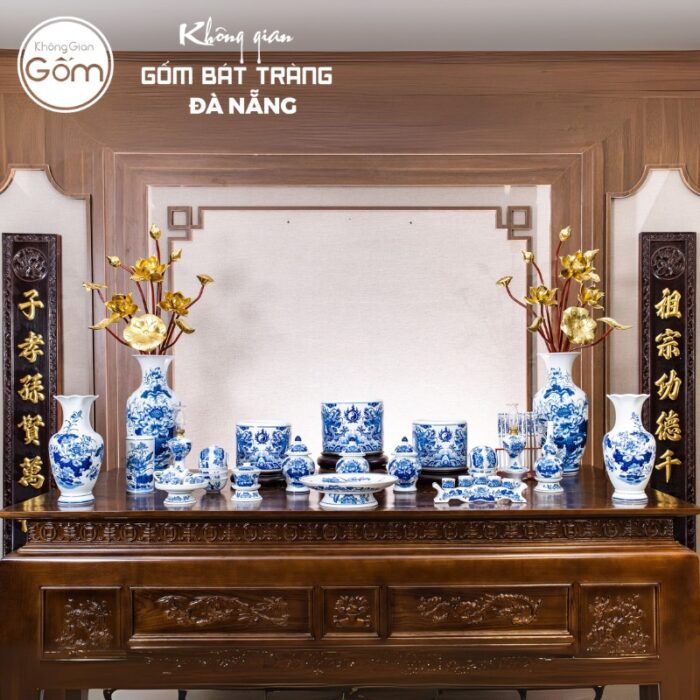 Bộ đồ thờ men lam họa tiết song long liên hoa tại Đà Nẵng BT-BĐT18
