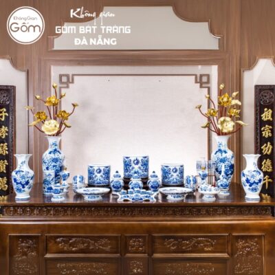 Bộ đồ thờ men lam họa tiết song long liên hoa tại Đà Nẵng BT-BĐT19