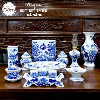 Bộ đồ thờ men lam hoạ tiết song long liên hoa tại Đà Nẵng BT-BĐT45