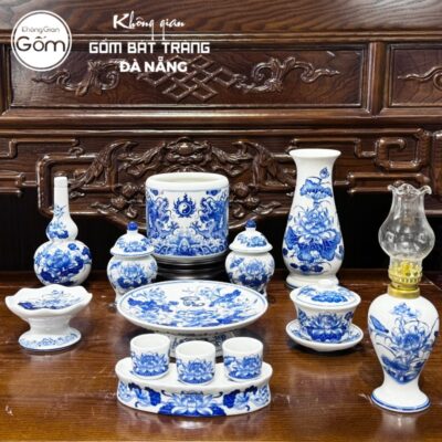 Bộ đồ thờ men lam họa tiết song long liên hoa tại Đà Nẵng BT-BĐT46
