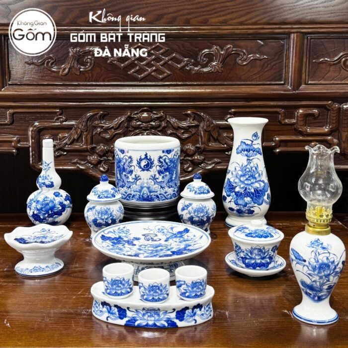 Bộ đồ thờ men lam họa tiết song long liên hoa tại Đà Nẵng BT-BĐT46