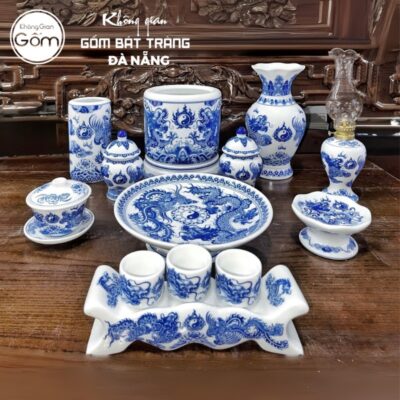 Bộ đồ thờ men lam họa tiết song long liên hoa tại Đà Nẵng BT-BĐT47