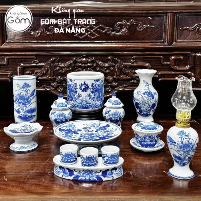 Bộ đồ thờ men lam họa tiết song long liên hoa tại Đà Nẵng BT-BĐT48