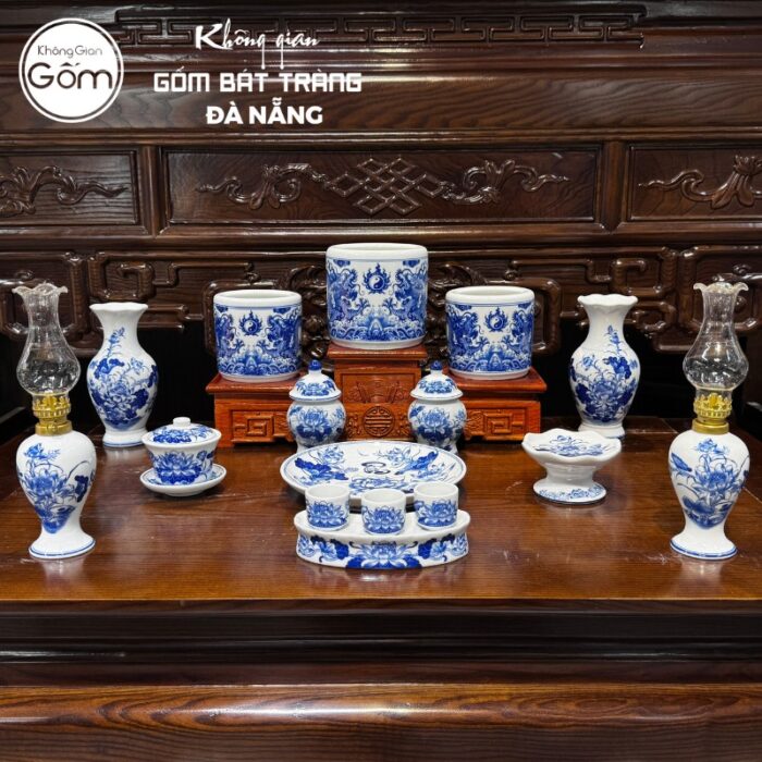 Bộ đồ thờ men lam họa tiết song long liên hoa tại Đà Nẵng BT-BĐT56