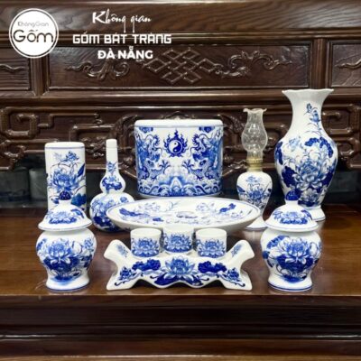 Bộ đồ thờ men lam họa tiết song long liên hoa tại Đà Nẵng BT-BĐT59