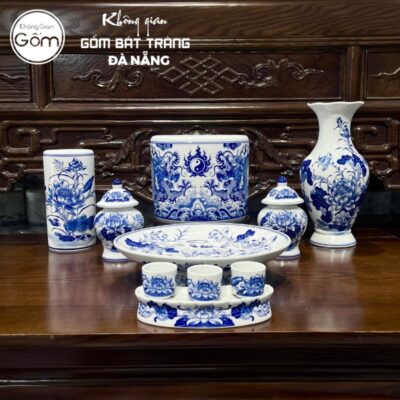 Bộ đồ thờ men lam họa tiết song long liên hoa tại Đà Nẵng BT-BĐT61