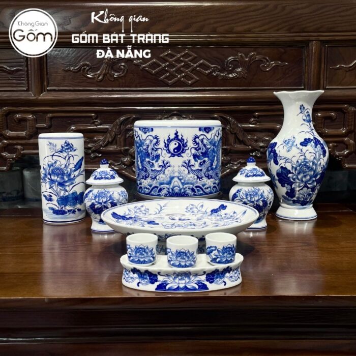 Bộ đồ thờ men lam họa tiết song long liên hoa tại Đà Nẵng BT-BĐT61