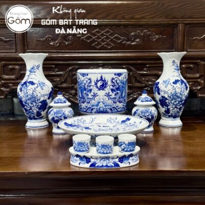 Bộ đồ thờ men lam họa tiết song long liên hoa tại Đà Nẵng BT-BĐT62