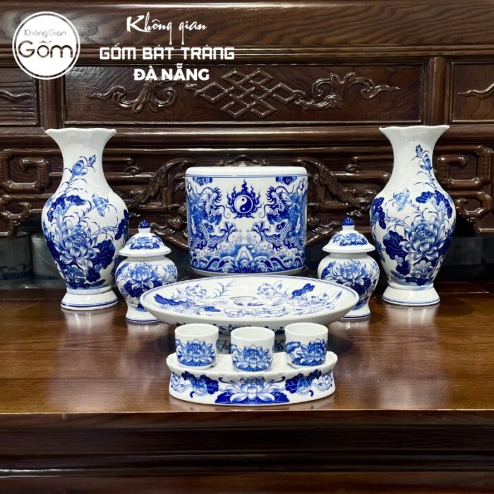 Bộ đồ thờ men lam họa tiết song long liên hoa tại Đà Nẵng BT-BĐT62