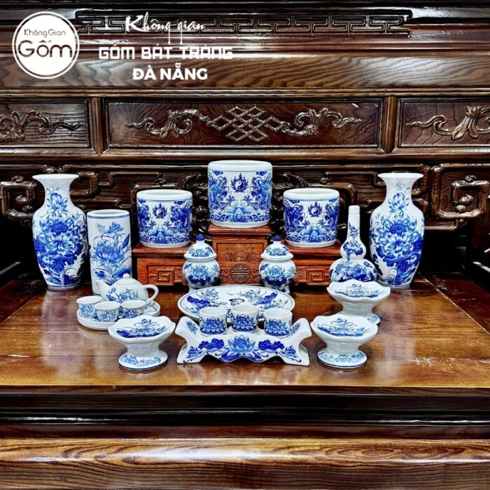 Bộ đồ thờ men lam họa tiết song long liên hoa tại Đà Nẵng BT-BĐT63