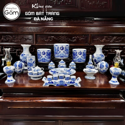 Bộ đồ thờ men lam họa tiết song long liên hoa tại Đà Nẵng BT-BĐT67