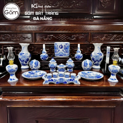 Bộ đồ thờ men lam họa tiết song long liên hoa tại Đà Nẵng BT-BĐT71