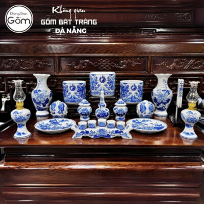Bộ đồ thờ men lam họa tiết song long liên hoa tại Đà Nẵng BT-BĐT73