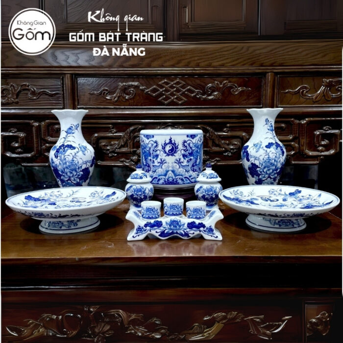 Bộ đồ thờ men lam hoạ tiết song long liên hoa tại Đà Nẵng BT-BĐT82