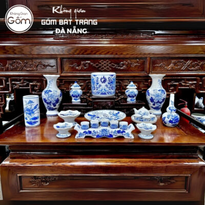 Bộ đồ thờ men lam họa tiết song long liên hoa tại Đà Nẵng BT-BĐT84