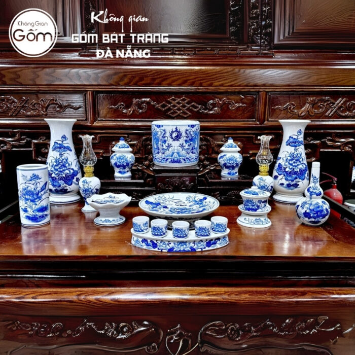 Bộ đồ thờ men lam họa tiết song long liên hoa tại Đà Nẵng BT-BĐT85