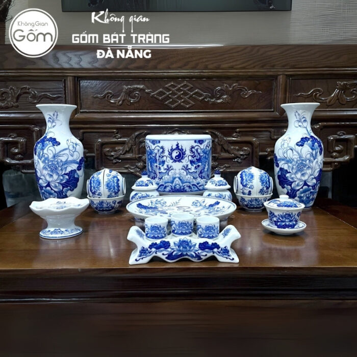 Bộ đồ thờ men lam họa tiết song long liên hoa tại Đà Nẵng BT-BĐT88